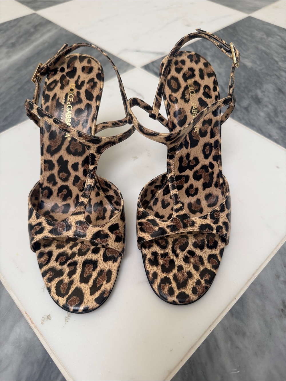 Dolce & Gabbana Leopard Print T-Strap Heels - Black & Brown